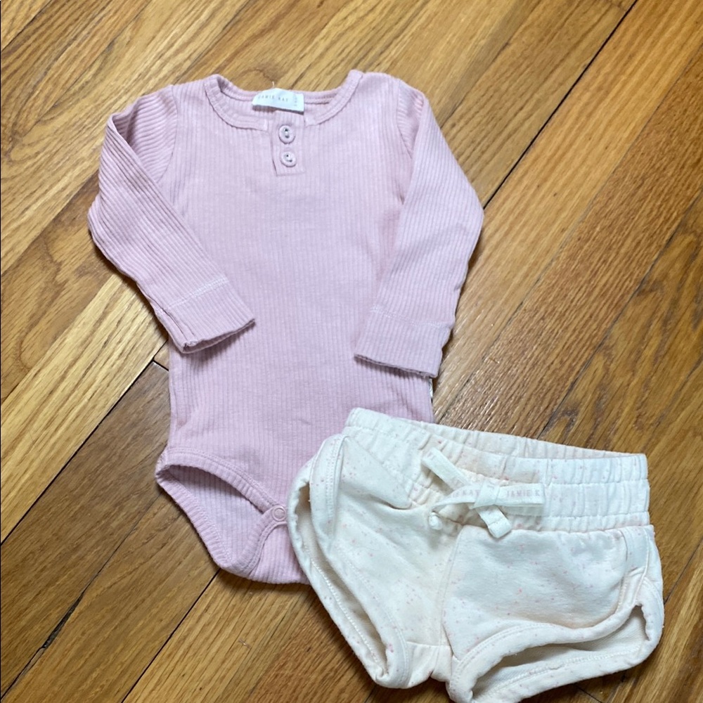 Jamie Kay Pink Long Sleeve Onesie and Cream Shorts Set